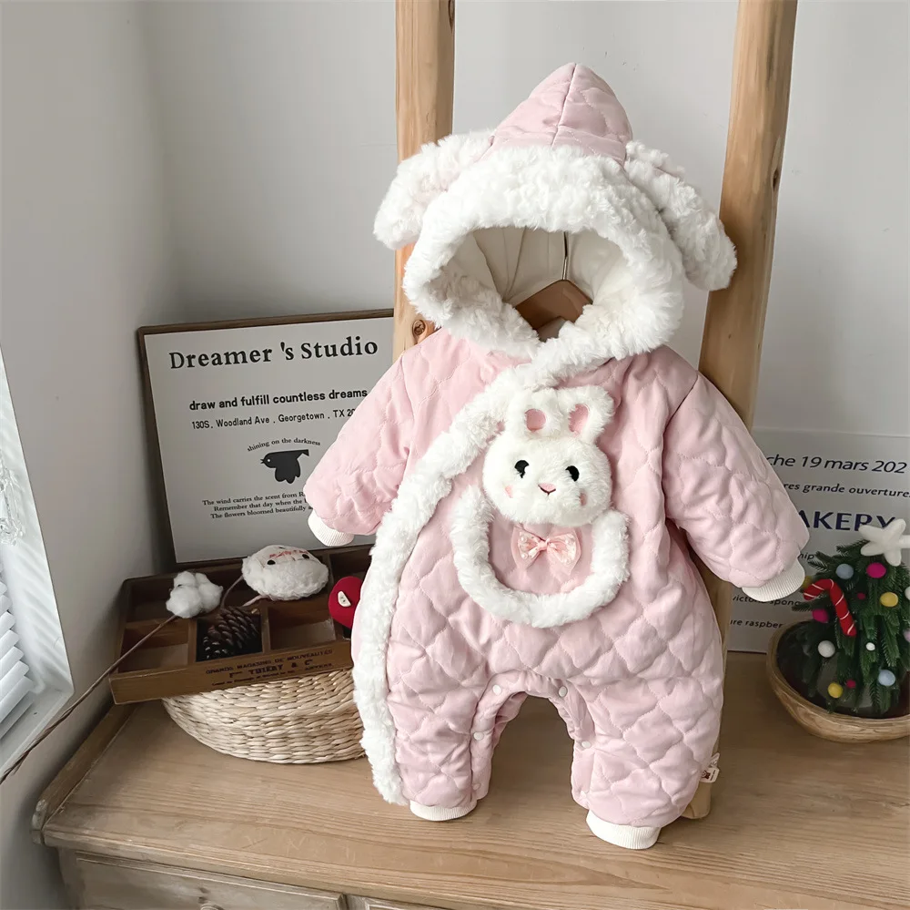 Korean Winter Infant Girls Jumpsuit Cartoon Rabbit Hairy Plus Thick Baby Girls Outerwear Parkas Newborn Onesies