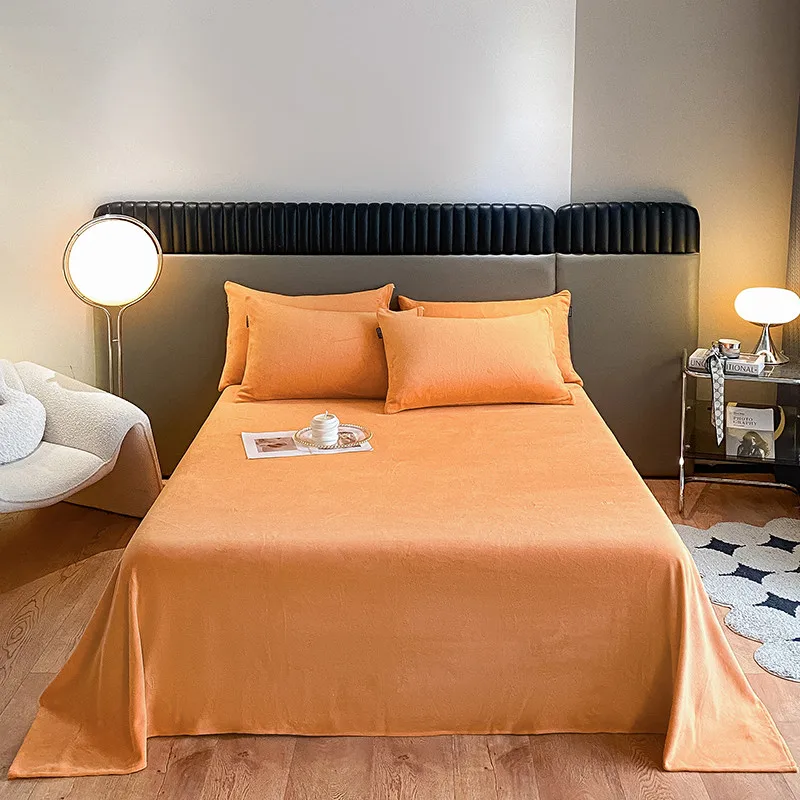 3Pcs Solid Color Velvet Bed Sheet Set Winter Warm Cozy Soft Luxury Flannel Flat Sheet with 2 Pillowcases Queen Size Bedding Set 1