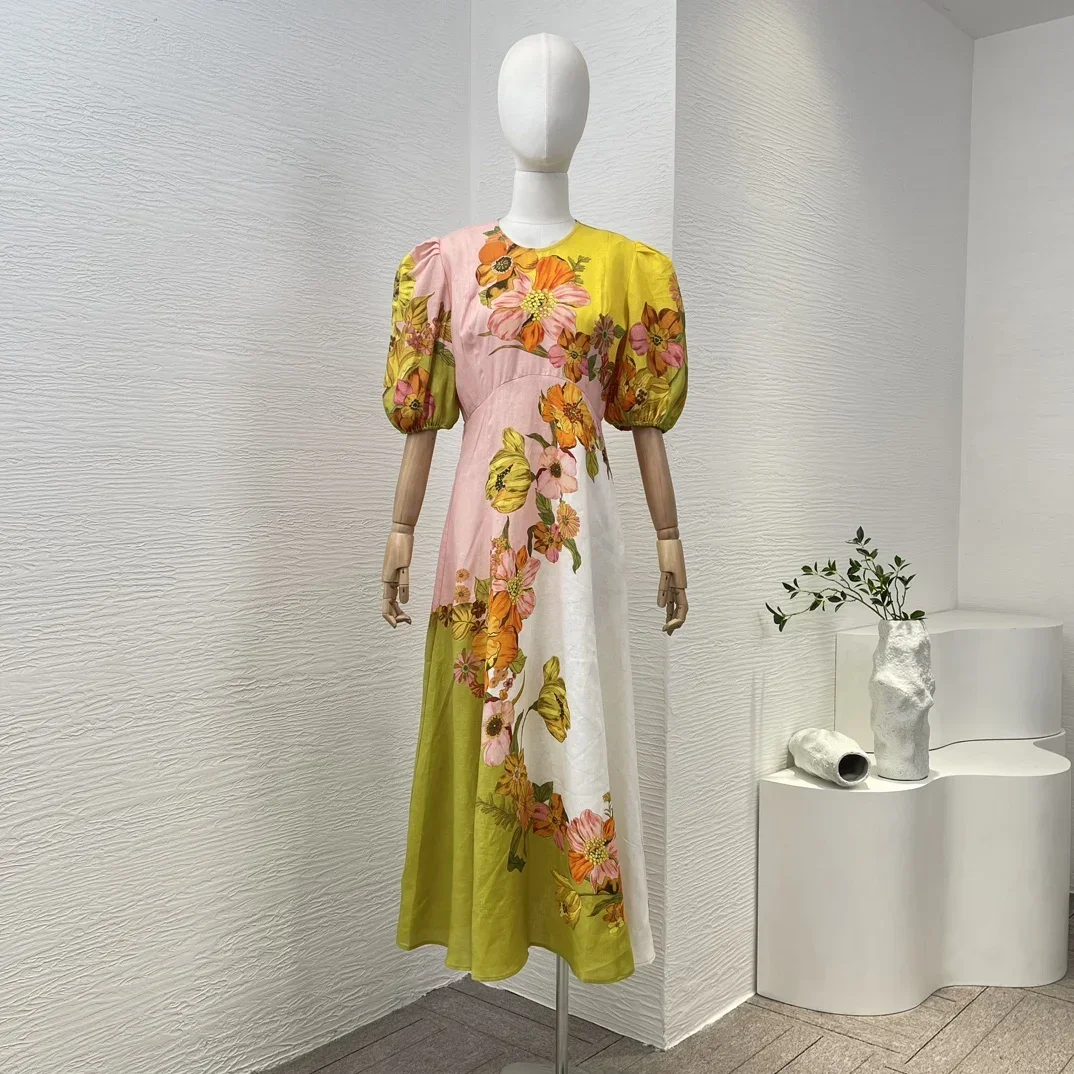 

New Arrivals Spring Summer Floral Printed O-Neck Short Puff Sleeve Top Quality Linen Women Midi Dress