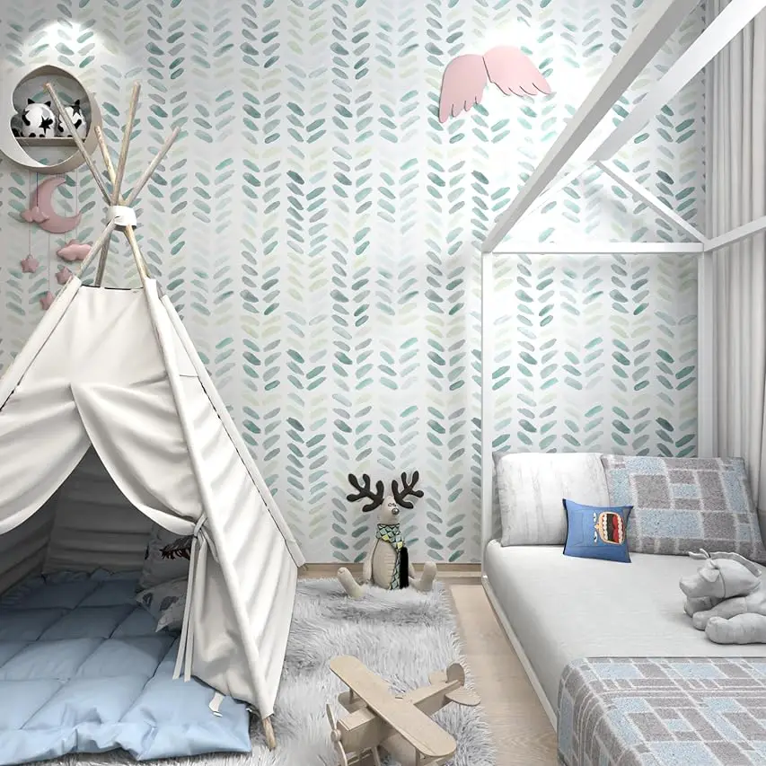 Green and White Peel and Stick Wallpaper Boho Contact Paper Leaf Self-Adhesive Removable Wallpaper Herringbone Wallpaper For Kid 2