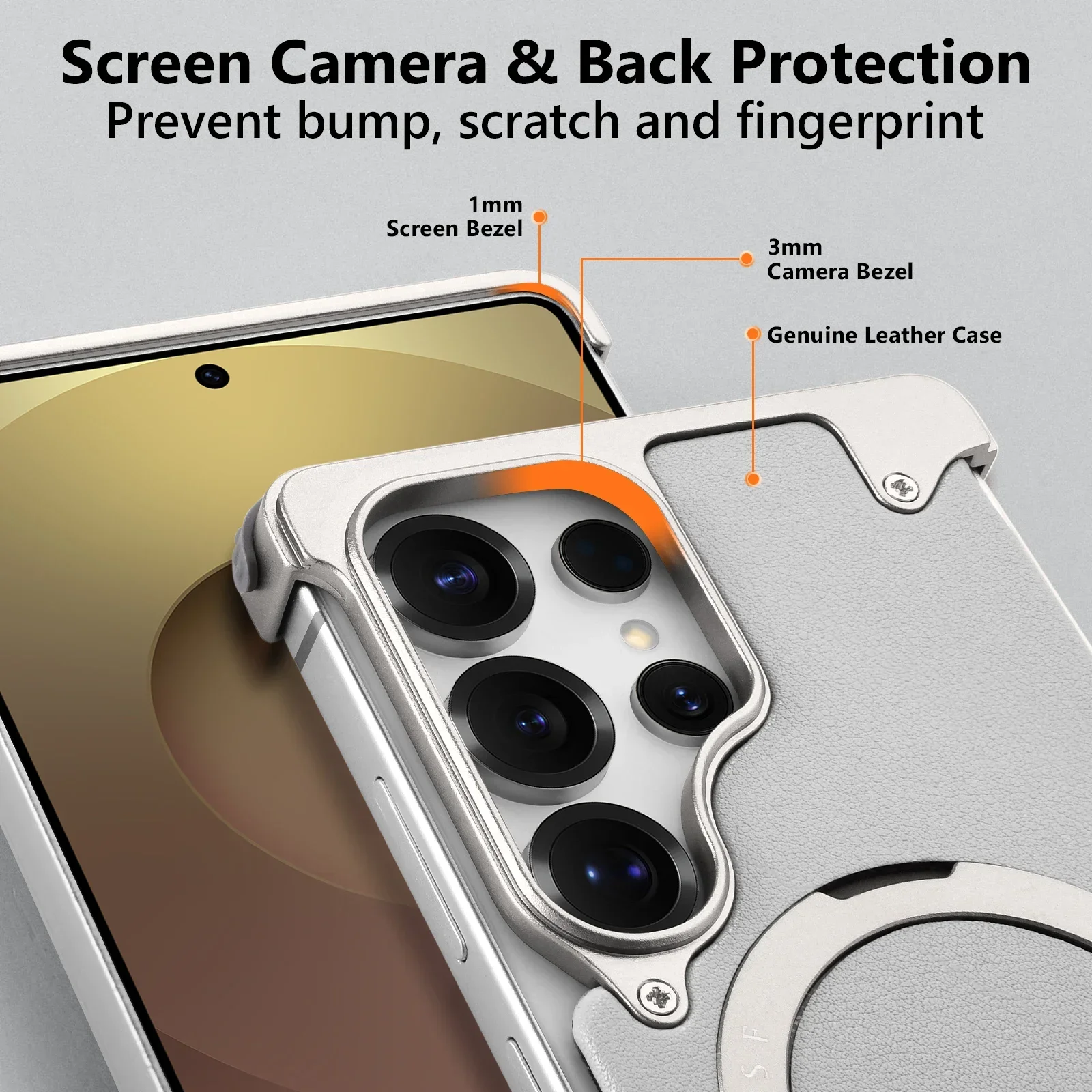 Eary Leather Phone Case for Samsung Galaxy S25 Ultra Magnetic with 360° Rotate Stand Metal Frameless Shockproof Protector Cover