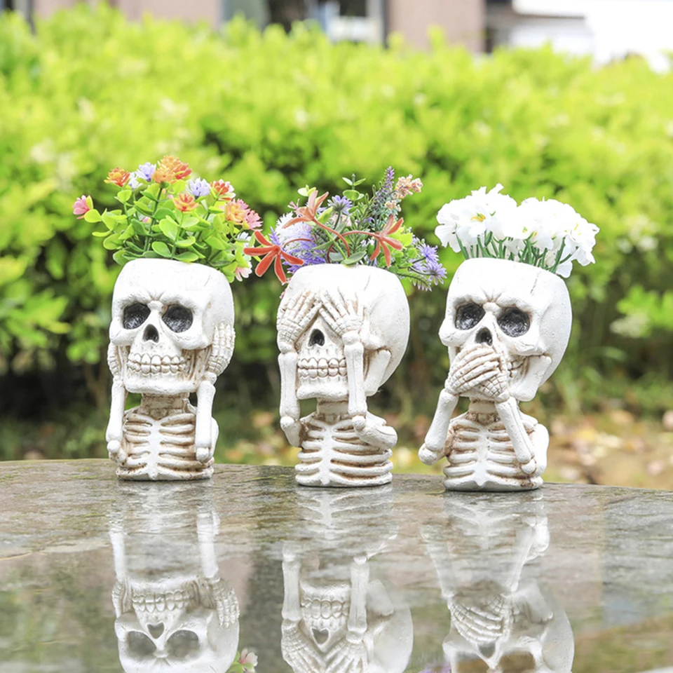 Skull Head Flower Pots Gothic Skeleton Planter Container Office
