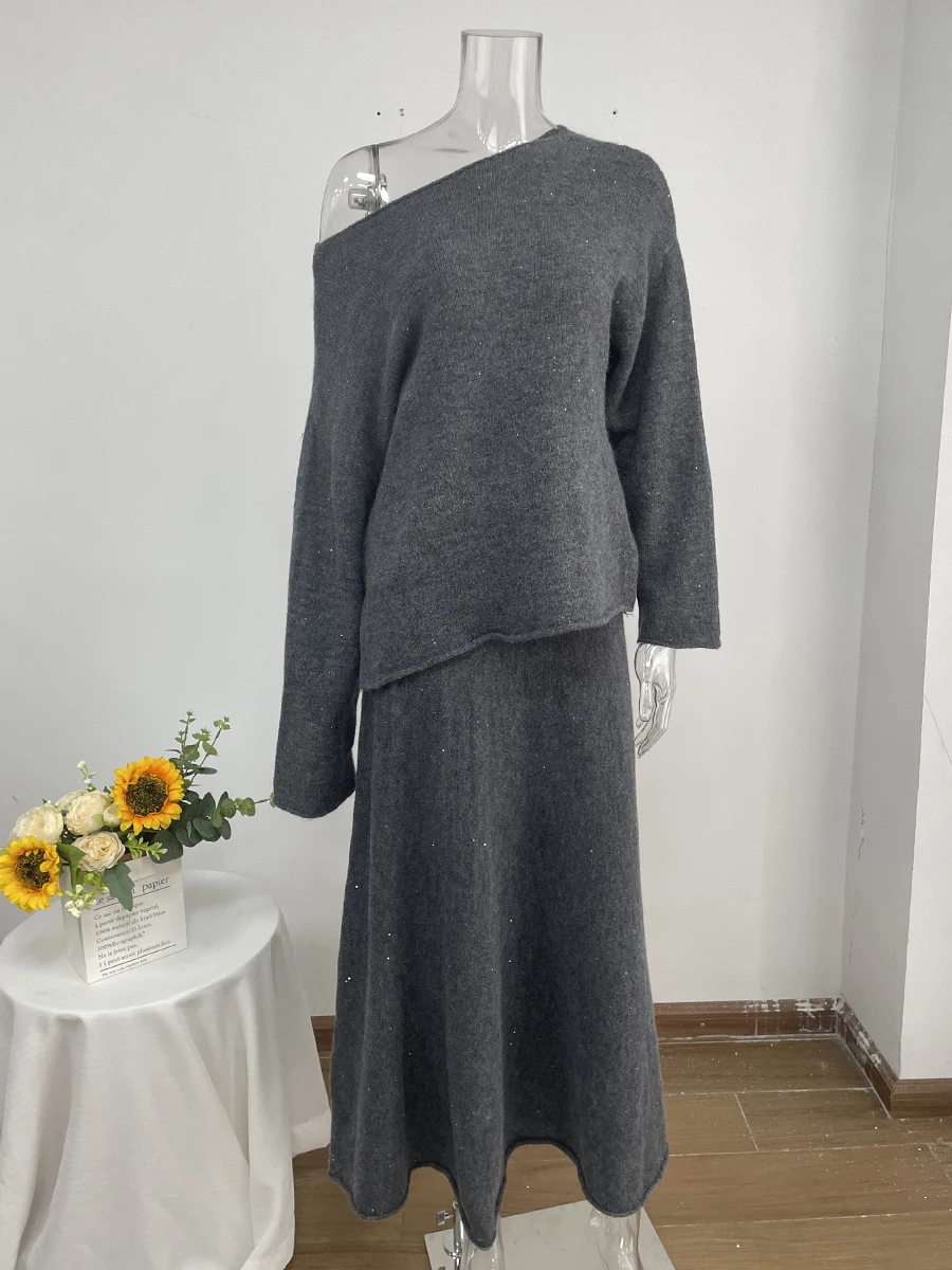 Sexy Soft Elegant Vintage Women Suits 2 Pieces Female Sets Slash Neck Sweater & Midi Dress Bling Knitted TrackSuit