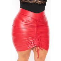 Plus Size Sexy Mini Skirts Fashion High Waist Faux Leather Drawstring Skirt Office Lady Bodycon PU Pencil Skirts Casual Vestidos