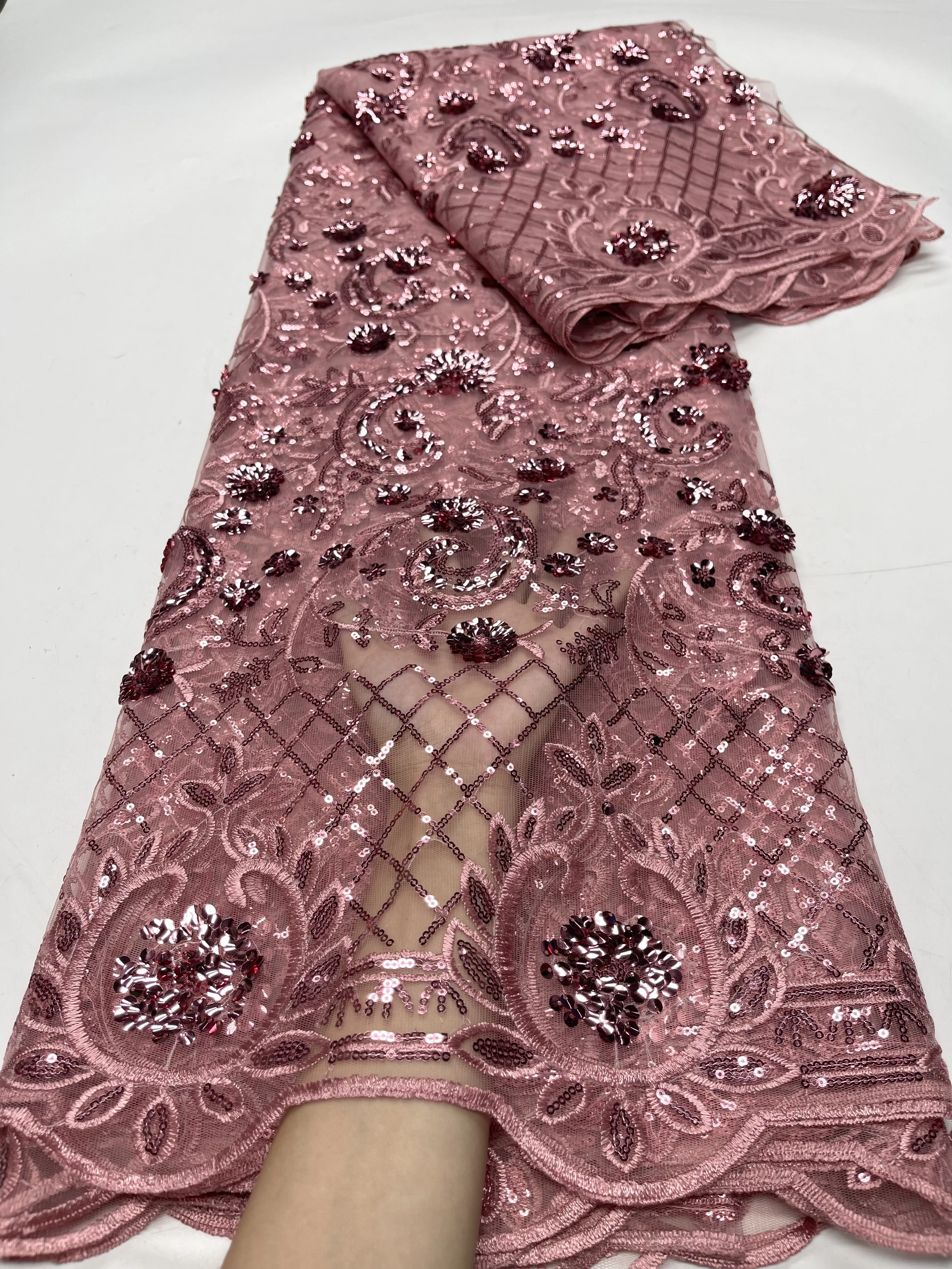 

African Nigerian Lace Fabric 2023 High Quality Peach Lace Peach Embroidery Tulle Lace With Sequins French Mesh Lace Wedding