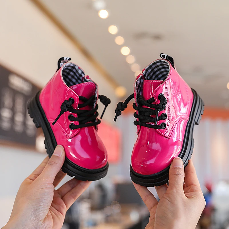 Girls Leather Shoes Spring Fashion Girls Outdoor Casual PU Upper Soft Bottom Pink Black Thick Bottom Boys Kids Martin Shoes