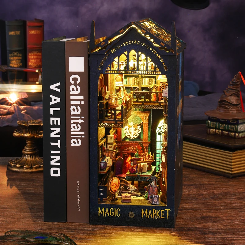 大人のための木製の魔法のマーケットドールハウスキットライト付きのdiyブック3dパズルの本棚組み立て済みのブックエンド誕生日プレゼント新品