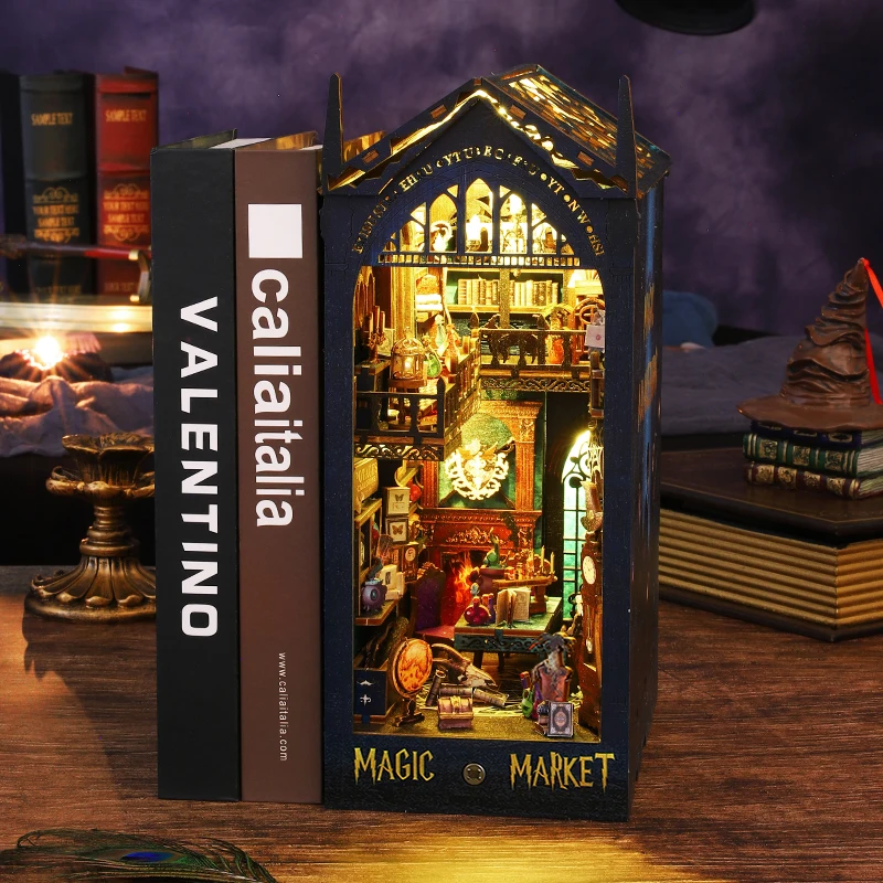 NEW DIY Wooden Book Nook Magic Market Doll House Kit with Light 3D Puzzle Bookshelf Assembly Bookend for Adults Birthday Gifts