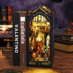 NEW DIY Wooden Book Nook Magic Market Doll House Kit with Light 3D Puzzle Bookshelf Assembly Bookend for Adults Birthday Gifts