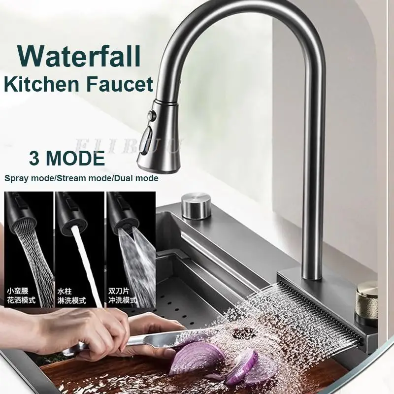 Waterfall Kitchen Sink Topmount Single Bowl Wash Basin Stainless Steel Workstation with Drain Accessories Knife Holder Faucet 4