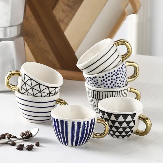 Large Ceramic Coffee Mug Tea Mugs Cups with Golden Handle Modern Black and  White Pattern