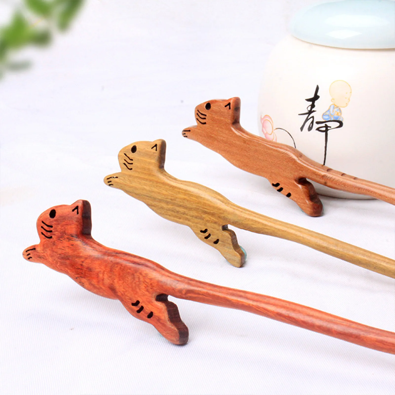 Cat Shaped Hair Sticks Forks Chinese Hanfu Hair Accessories Girls Funny Wooden Hairpin Clasp Daily Bun Chopsticks