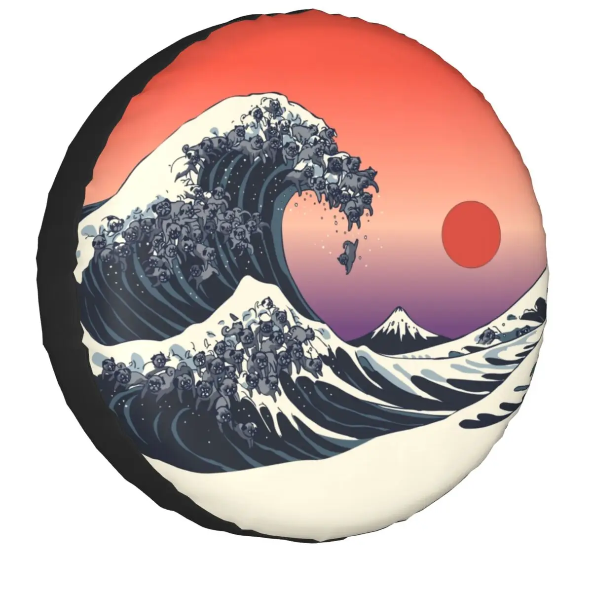 

The Great Wave Off Kanagawa Of Black Pug Spare Wheel Tire Cover Suzuki Katshushika Hokusai Style For Jeep RV SUV Trailer Vehicle