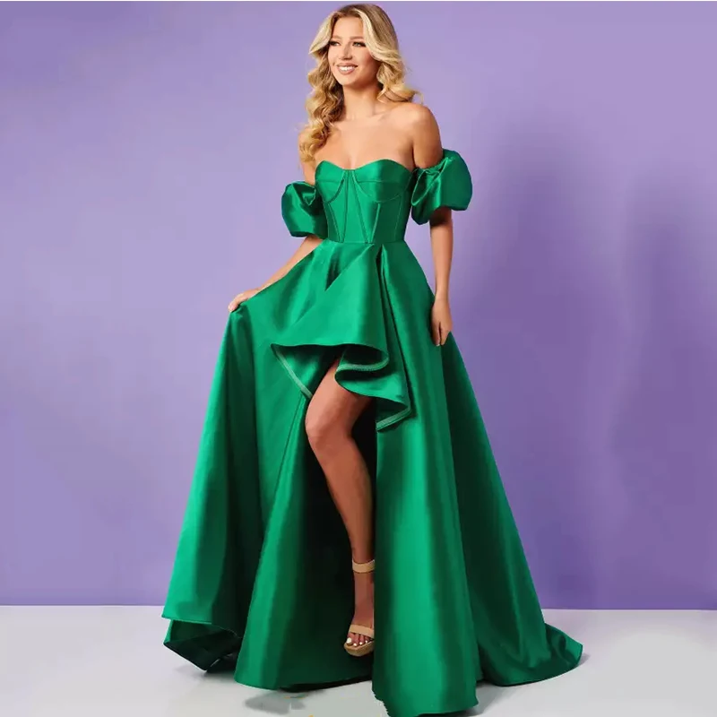 

UZN Elegant Green A-Line Evening Dresses Off the Shoulder Satin Prom Dress Slits Formal Occasion Party Gowns Custom Size