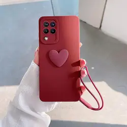 Charming 3D Love Heart Silicone Case with Lanyard Wrist Strap - Vibrant Protection Cover for A52S (AXSS Wine red)