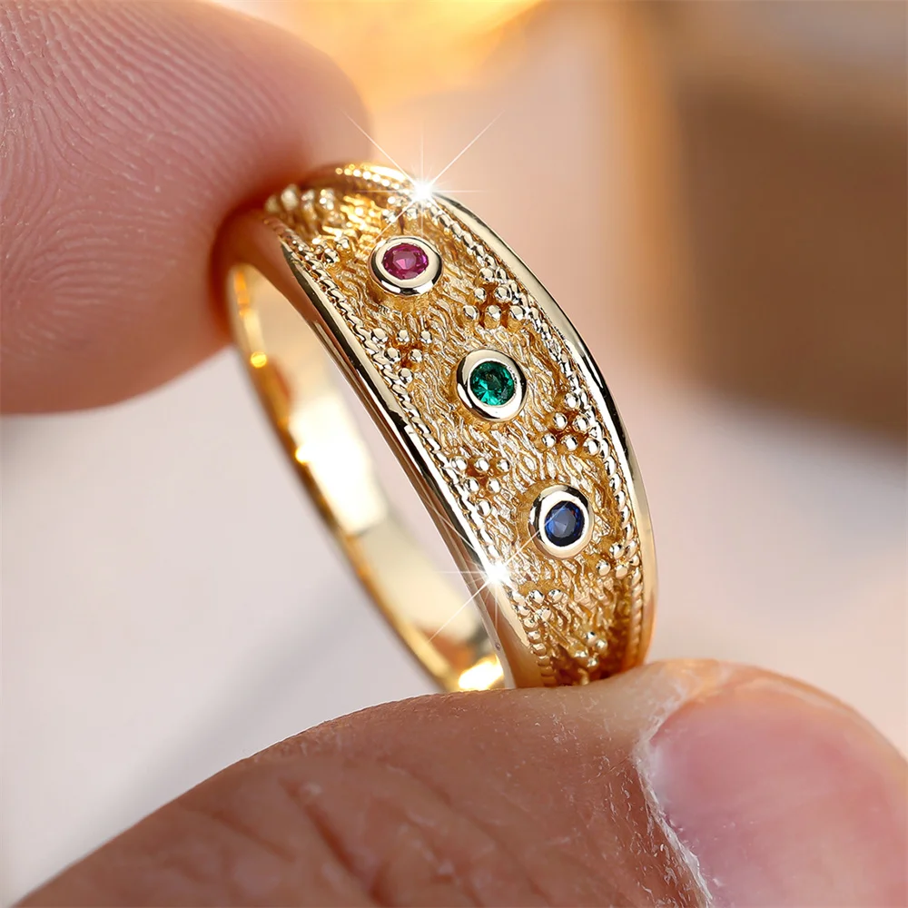 Multicolor Zircon Small Round Stone Rings For Women Vintage Gold Color Engagement Bands Wedding Jewelry Bridal Birthday Gifts