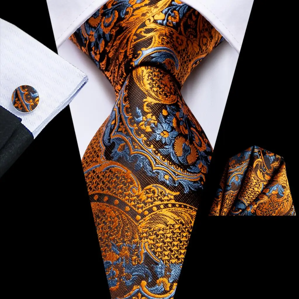 Neck Tie Men's Tie Set Gold Paisley 100% Silk 8.5cm Wedding Ties For Men New Fashion Design Hanky Cufflinks Set