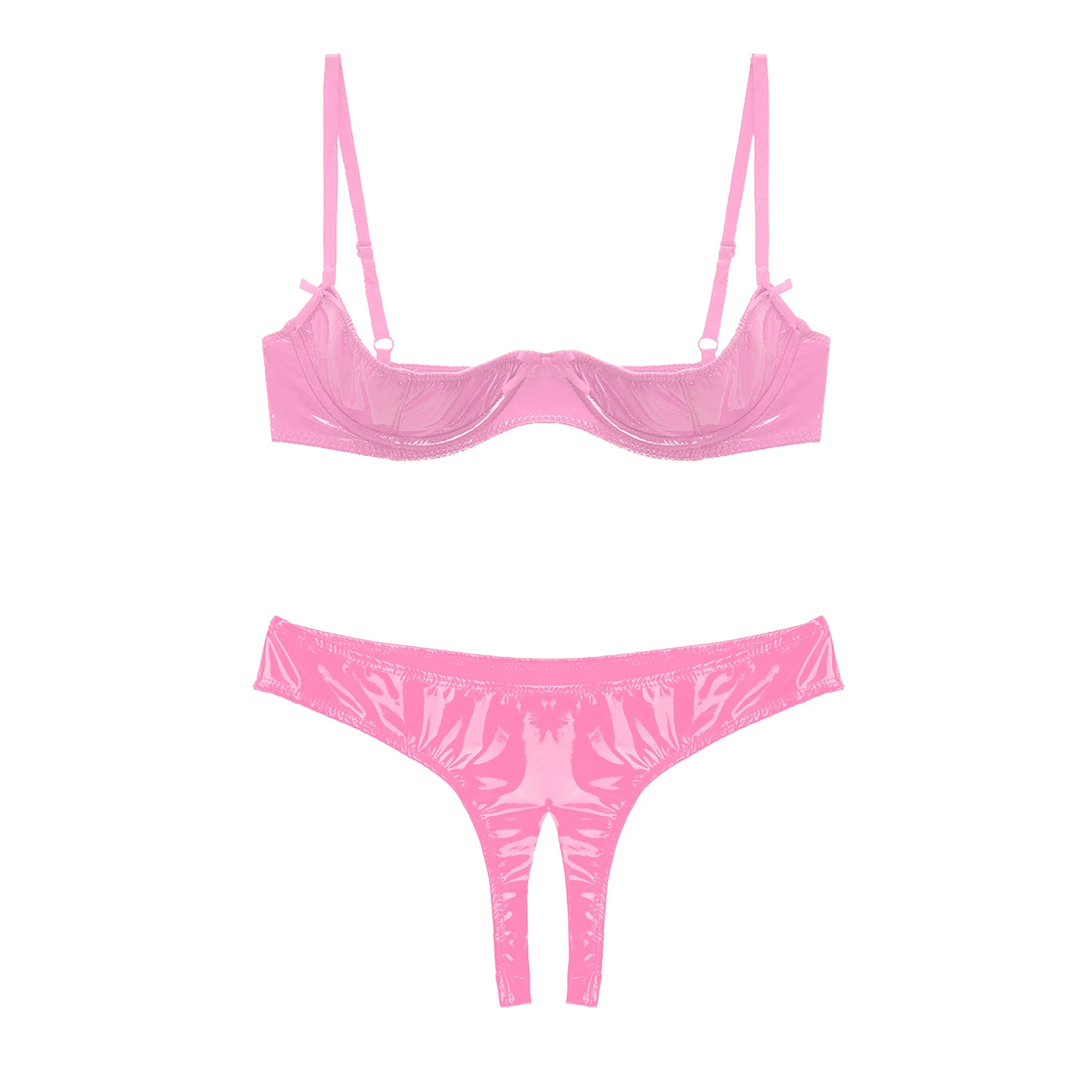 Womens Glossy Patent Leather Sexy Lingerie Set Underwear Adjustable Straps Open Chest Underwired Bra with Open Crotch Briefs women two piece sets