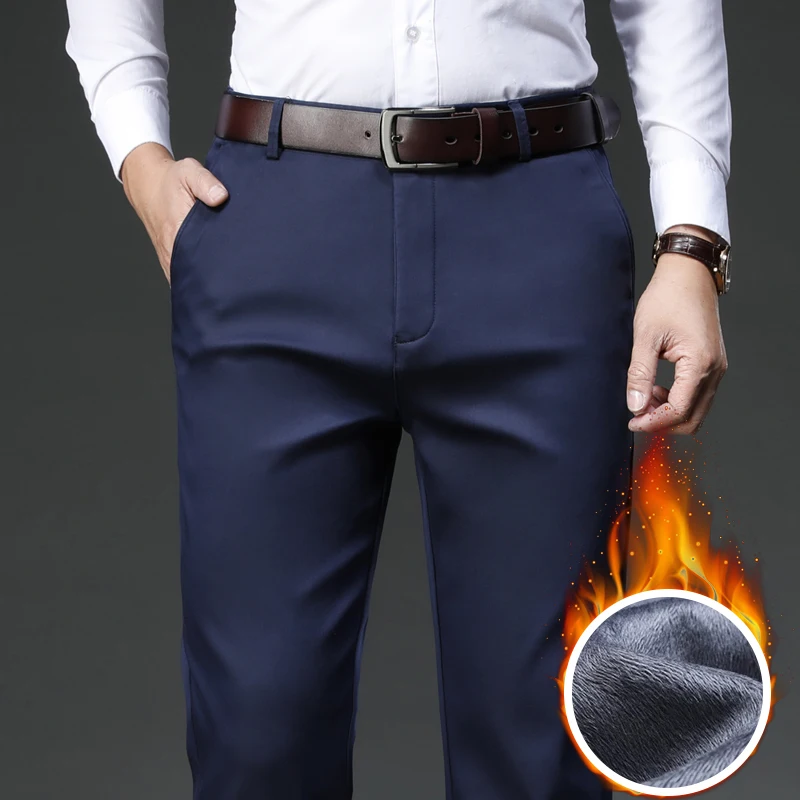 Men Winter Fleece Thick Warm Fit Straight High Waist Cotton Classic Business Casual Trousers