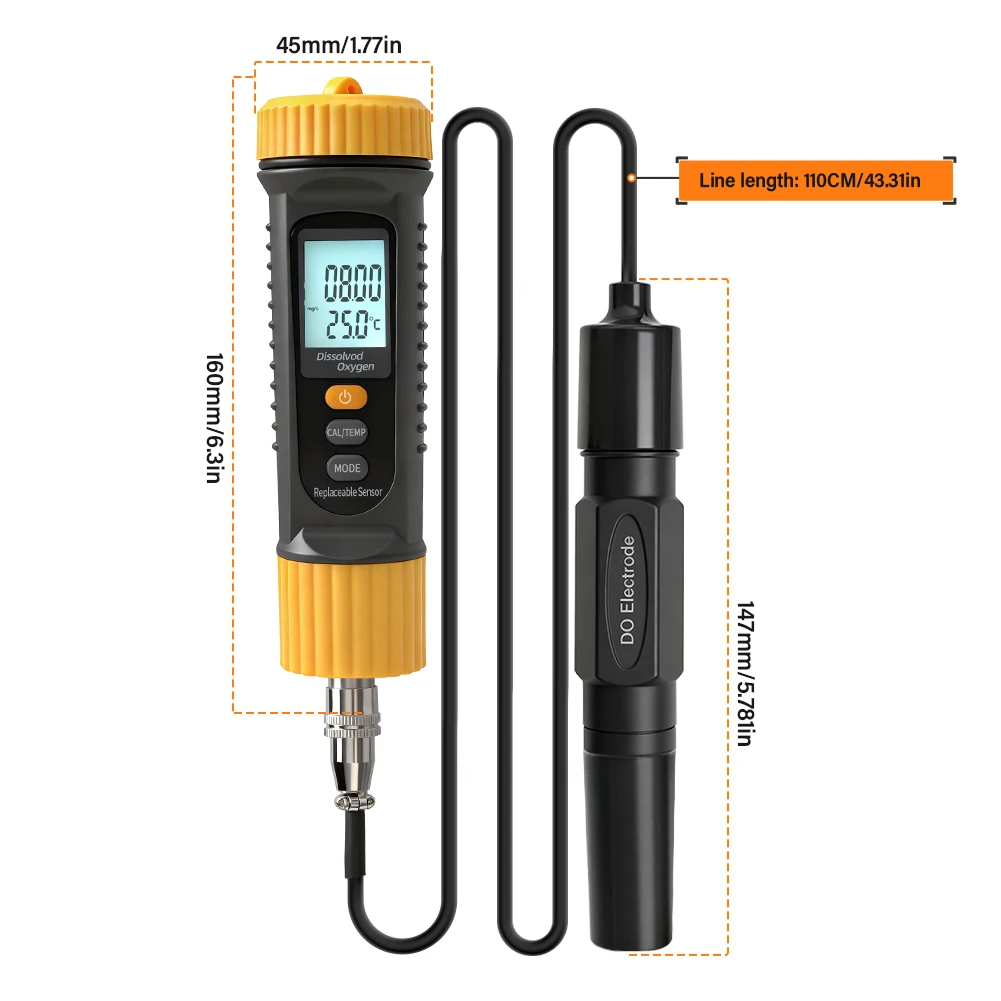Portable Dissolved Oxygen Meter DO Tester with Replaceable Probe ATC 0-20mg/L Wa