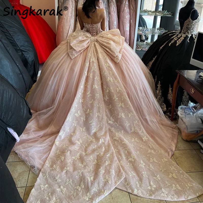 Quinceanera Dresses Pink Quinceanera Dresses Ball Gown Sweet 16 Dress Bow Butterfly Appliques Crystal Graduation Party Gowns Vestido De 15 anos