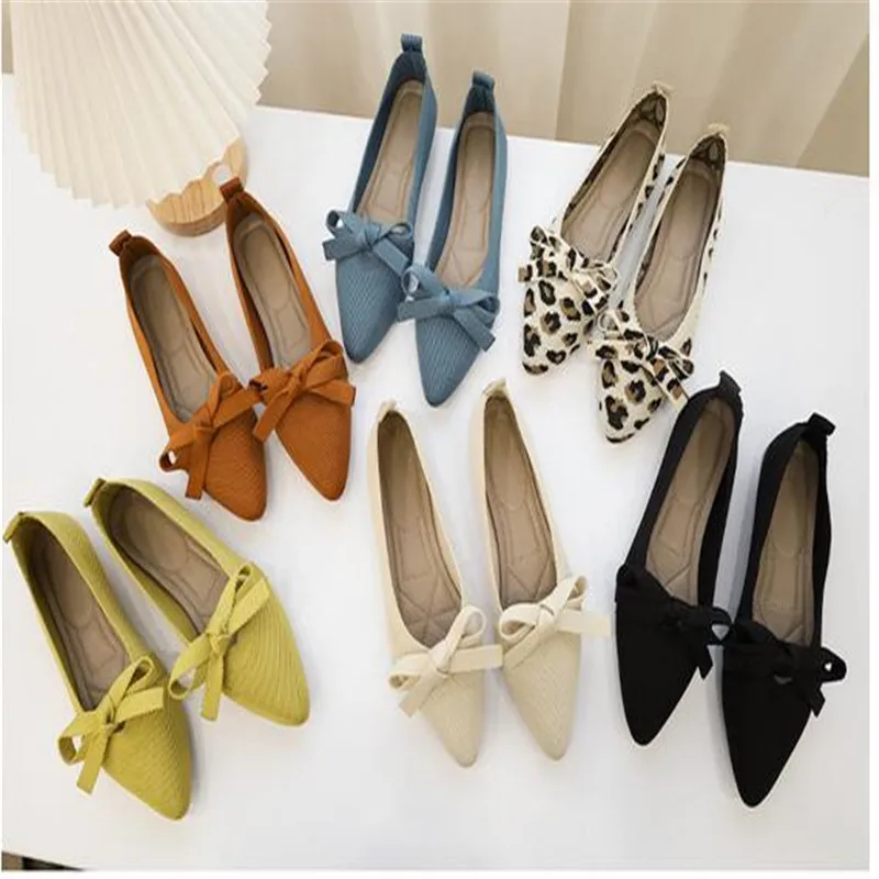 

Stretch Fabric Women Ballet Flats Shoes Woman Spring Summer 2023 BowKnot Pointed Boat Shoes Knitted Driving Loafers Moccasins