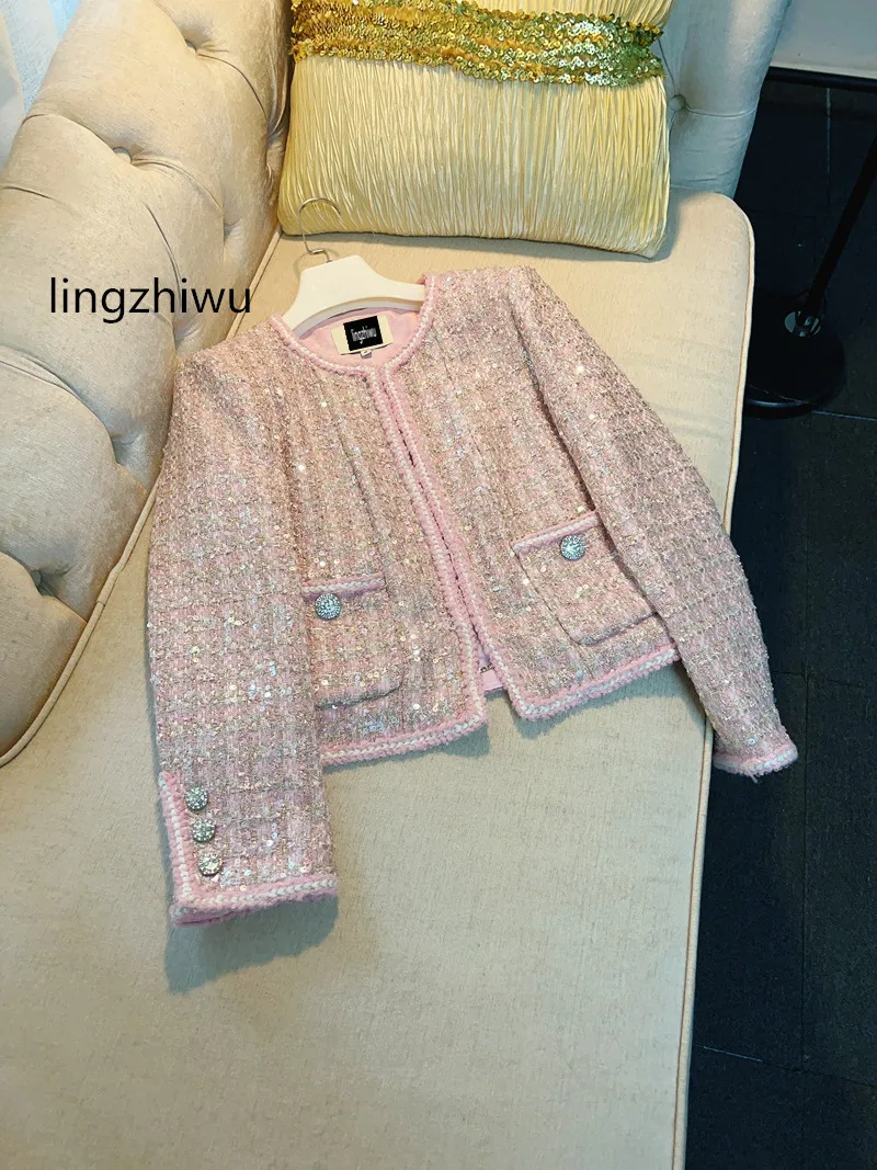 

lingzhiwu Pink Tweed Coat French Ladies Sequins Elegant Top Quality Autumn Top Female Outerwear New Arrive