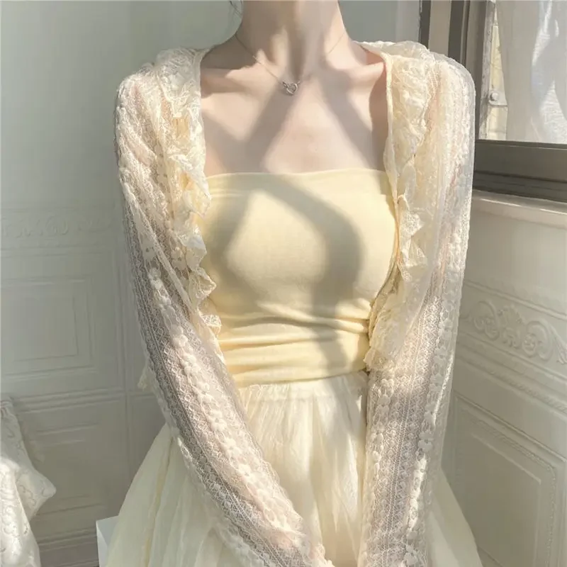 Short Ice Silk Sun Protection Cardigan Thin Coat Small Shawl Women's Lace Blouse Cover Slim Top Spring and Summer Clothing Retro