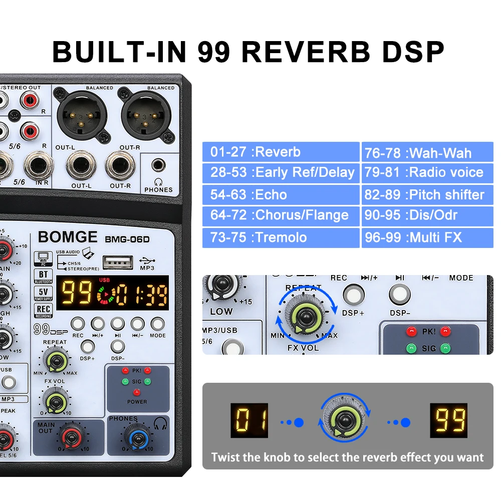 Professional 4 6 channels 99DSP Audio mixer BT Recording Mixing Console USB Interface Sound Card 48V PC MP3 DJ Recording audio mixer