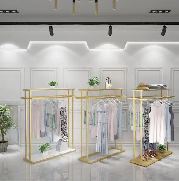 

Golden clothes shelf clothing store in the island frame double-sided women's clothing store bag display rack floor double row.