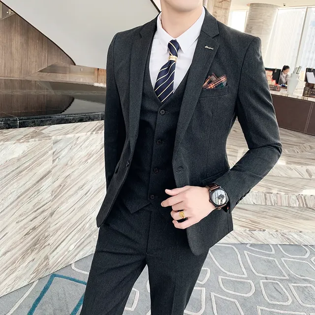 S-7XL (Jacket+Vest+Pants) Fashion Boutique Lattice Formal Business Mens Suit 3Pcs Set Groom Wedding Dress Plaid Suit Show Stage - TZ830 Dark gray, 4XL(EUR XL)