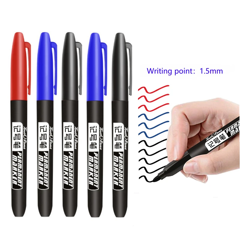 

3/5 Pcs/lot Permanent Fine Point Marker Pen Waterproof Ink Thin Nib Crude Nib Blue Black Red Ink 1.5mm Fine Color Marker Pens