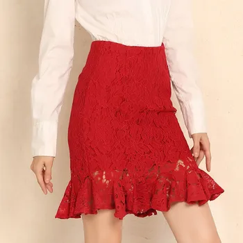 New Office Lace Skirt Women Sexy High Waist Pencil Skirt One Step Formal Ruffle Skirt Size S-5XL