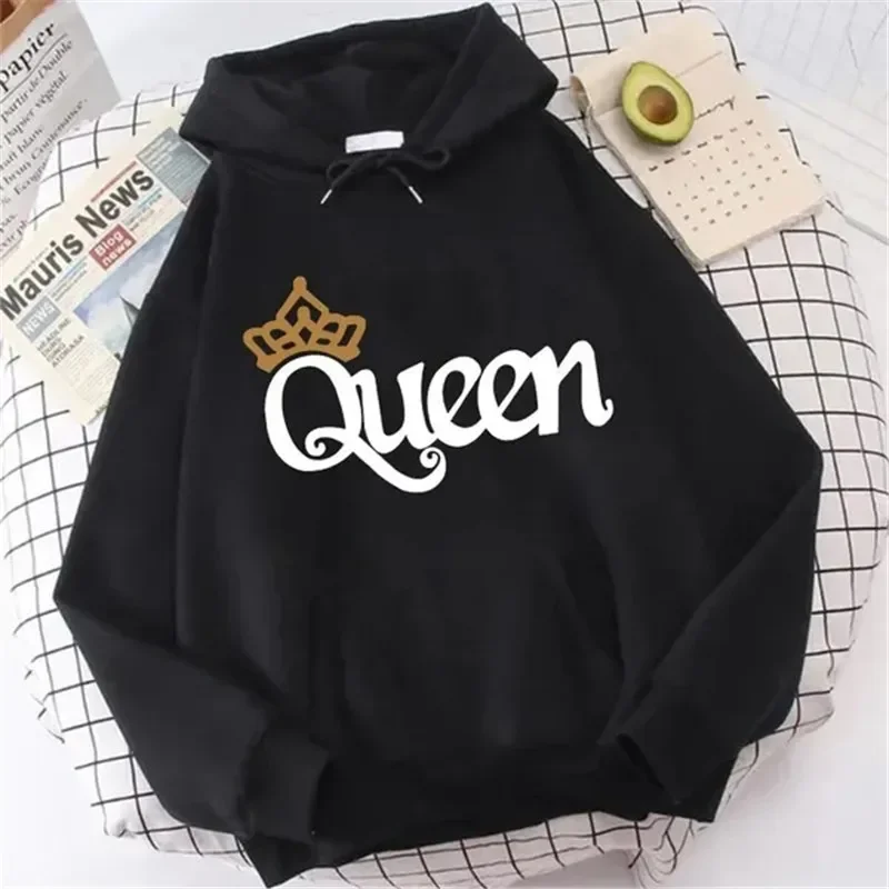 

Women Pink Hooded Hoodie QUEEN Fleece Sweatshirts Cute Printing Sweater for Teenager Girls Sport Casual Pullover Top