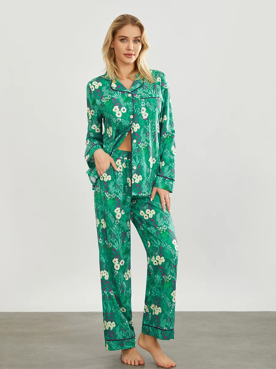 

YILEEGOO Womens Silk Satin Pyjamas Set Floral Print Long Sleeve Sleepwear Two-Piece Pj Sets Button-Down 2 Piece Loungewear