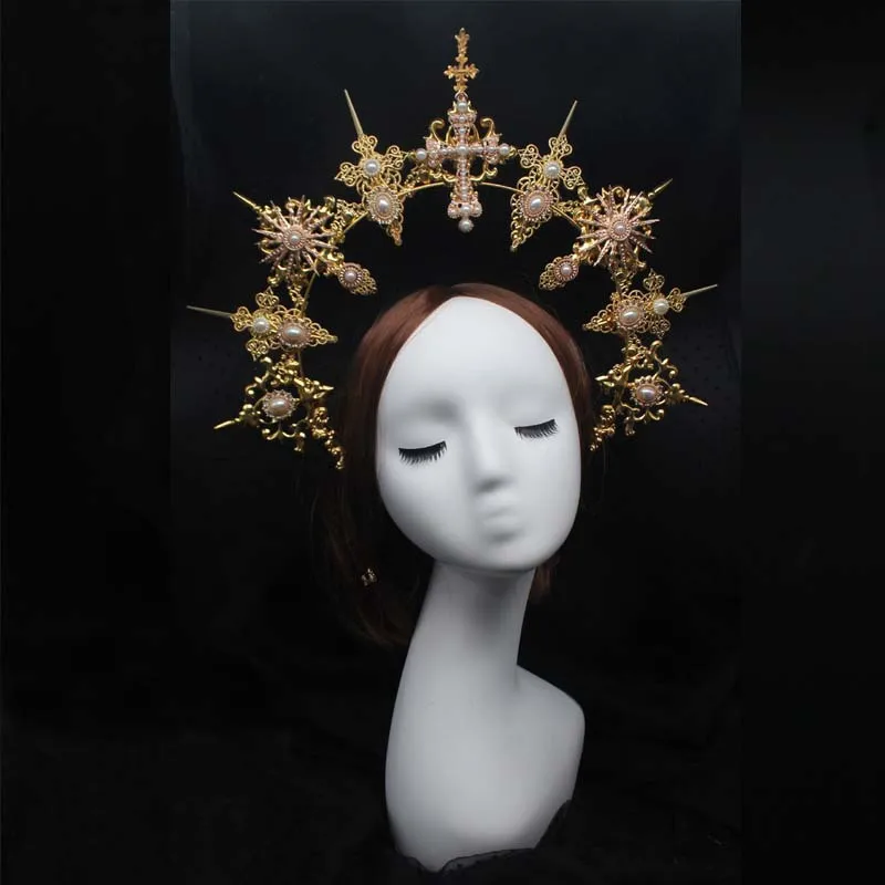 

Gold Halo Goddess Headpiece Lolita Gothic Headwear DIY Vintage KC Headband Flower Angel Virgin Mary Tiara