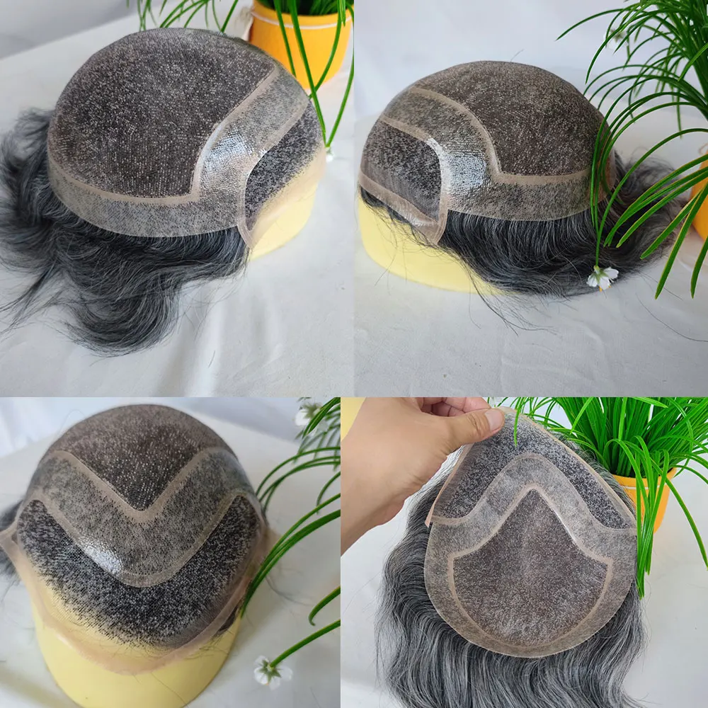 1B20 1B80 Grey Silver Hair Toupee for Men Mono Base with PU Human Hair Pieces Replacement System Lace Front Natural Hairline human hair toupee