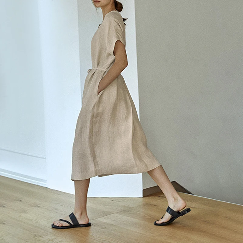 100% Linen Elegant Women's Dresses For Party 2025 Ruched Casual Short Sleeve Summer Dresses New In Beach Sundress Vestidos 2