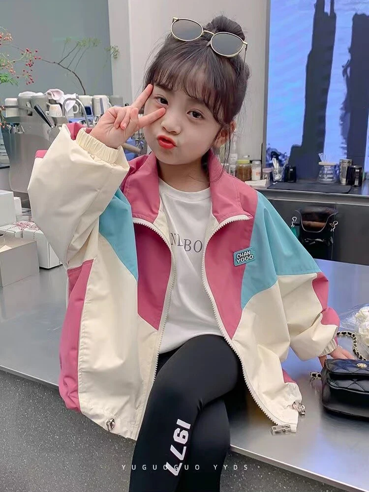 Girls Colorblocked Baseball Trench Jacket - Spring Autumn Casual Outerwear Ages 2-10