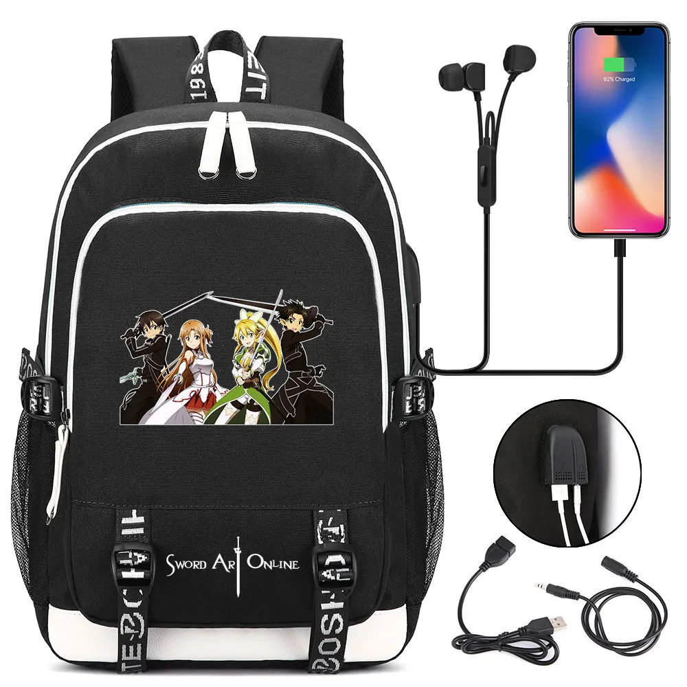 

Anime Sword Art Online Packsack Canvas Backpack USB Charging Knapsack Student Zip Cartoon Schoolbag Teenager Travel Laptop Bag