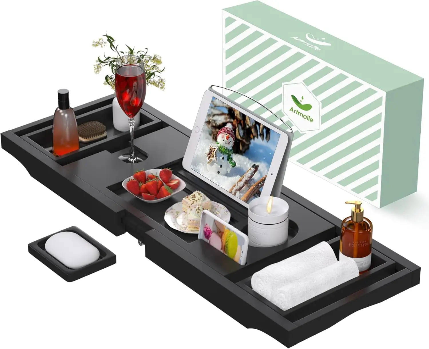 NEW Expandable and Foldable Bath Tray for Tub, Luxury Bamboo Bath Caddy Tub Table, Bathtub Accessories with Book Holder Black