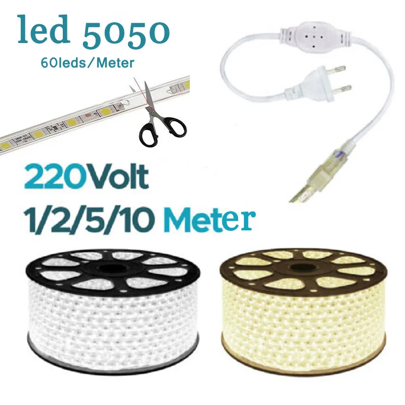 

AC 220V LED Strip Lights Waterproof 60Leds/M High Brightness Flexible Kitchen Outdoor Garden Lamp Tape With Switch Power Plug