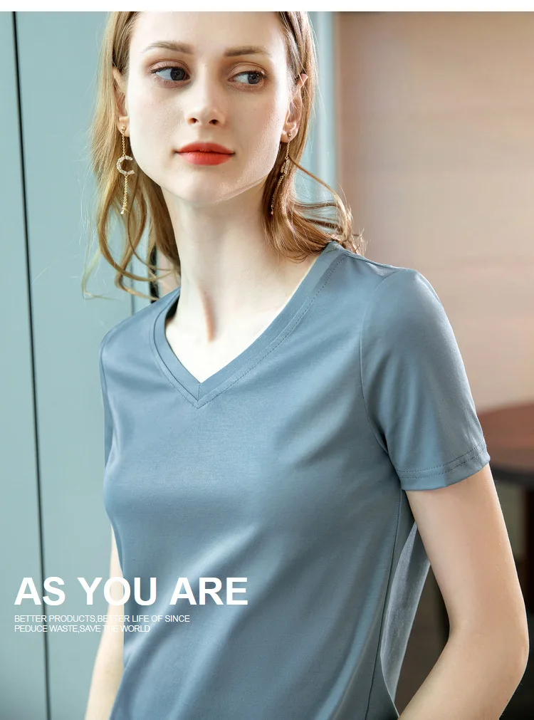 Ice Sensitive Silk Cotton V-neck Short Sleeved T-shirt for Women's Solid Round Neck Basic Commuting Elastic Oversized Top