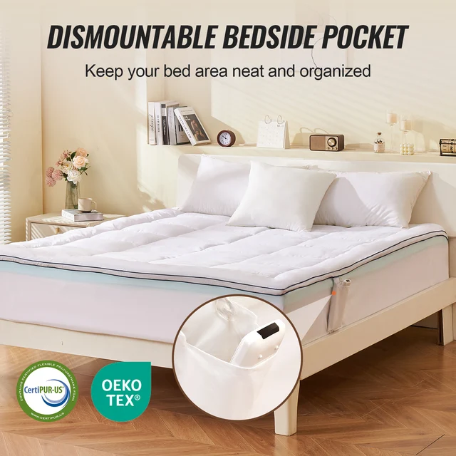 VEVOR Coprimaterasso Misura Queen Memory Foam Spessore 76,2 mm, Imbottitura in Fibra Lavabile Sfoderabile, Rinfrescante e Traspirante, con Tasca sul Comodino Removibile, Alleviare Pressione Corporea 4