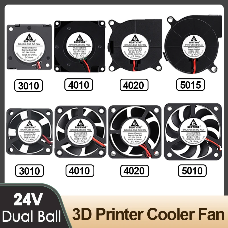 2PCS Gdstime 듀얼 볼 30mm 40mm 50mm 24V 3D 프린터 부품 용 브러시리스 터보 팬 냉각 DC 송풍기 팬 3010 4010 4020 5015 