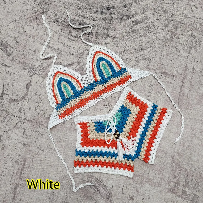 4-color Popular Bohemian DIY Handmade Crochet Bikini Women's Beach Vacation Casual Color Split Swimsuit Set