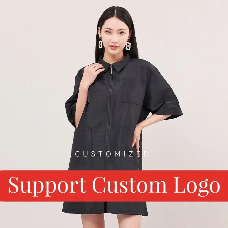 Summer Short Sleeve Work Clothes Chameleon Lapel Waterproof Gown Barber Zipper Uniform Hairdressing Pet Grooming Wrap 3 Pockets