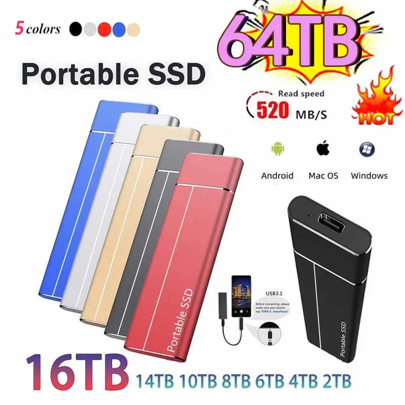 Portable SSD HighSpeed SSD 1TB 2TB 4TB 8TB 16TB External Hard Disk USB
