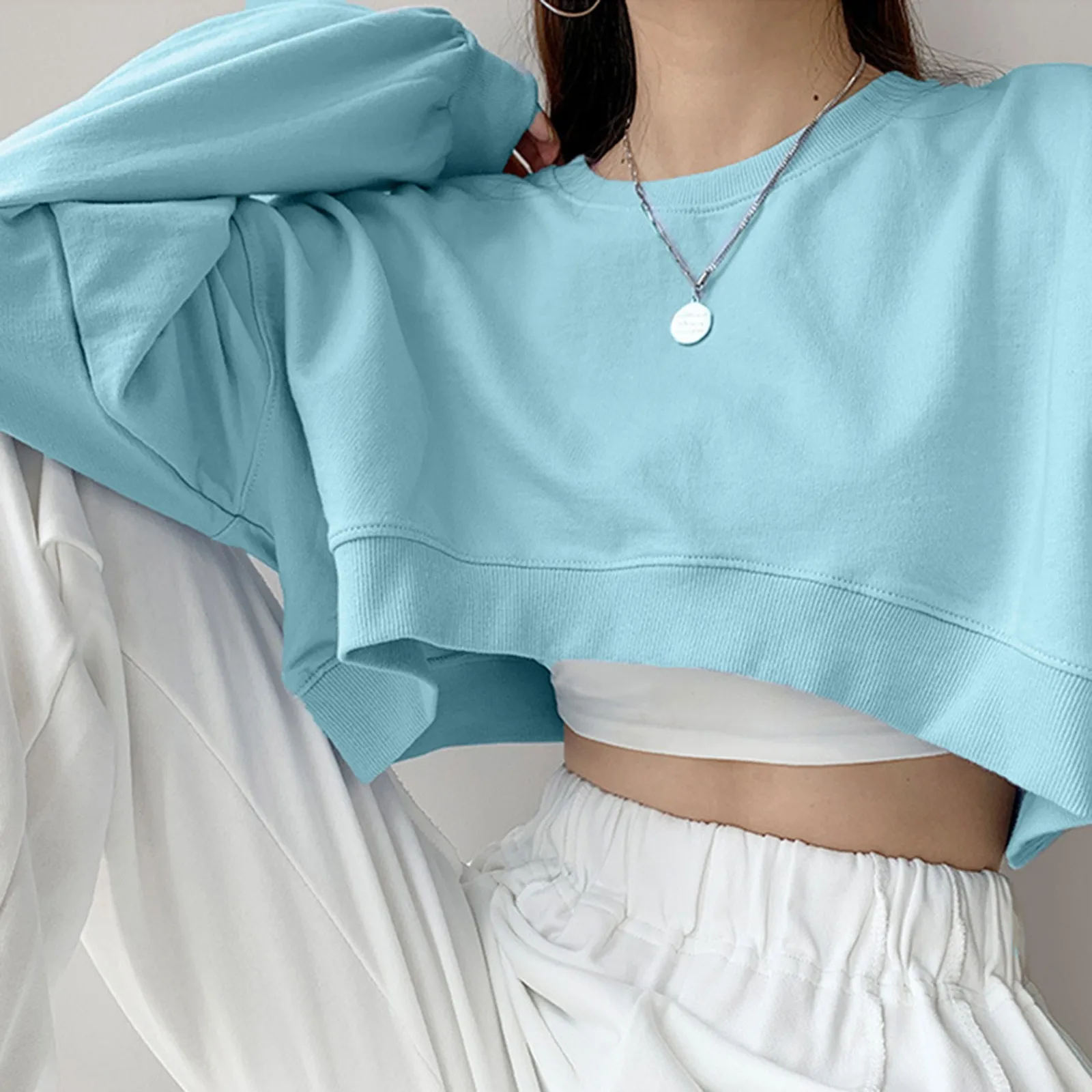 

Осень 2022, женские свитшоты Y2k, однотонный укороченный Топ с длинным рукавом, свободный кроп-топ, свитшоты, пуловеры, спортивные худи с графическим принтом в стиле K-POP