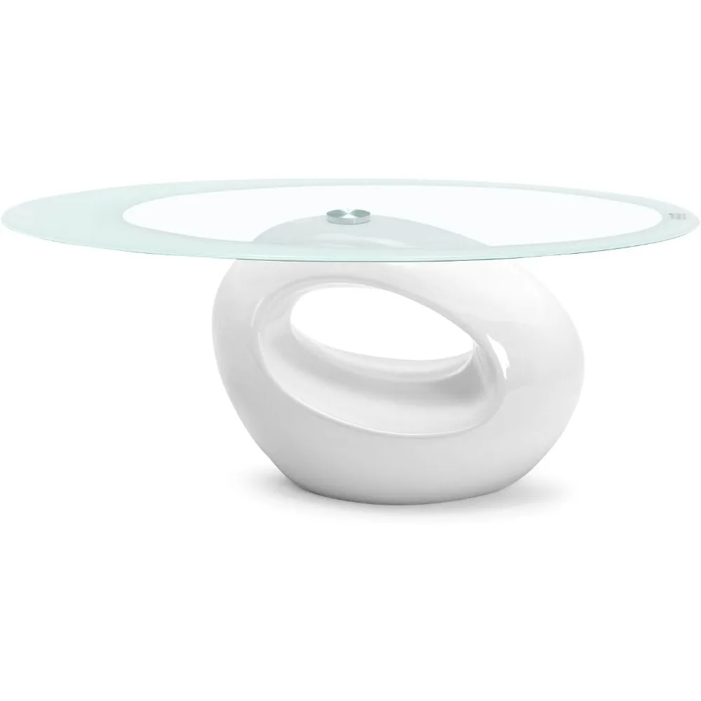 Contemporary Glass Coffee Table for Living Room, Oval Glass Table Set, Tempered Glass Top & Glossy Solid Base for Stora 2